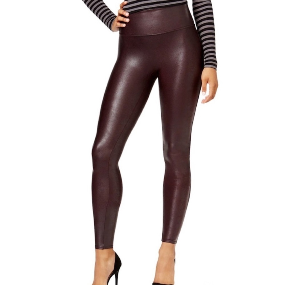 SPANX faux leather leggings wine burgundy pants size small shiny